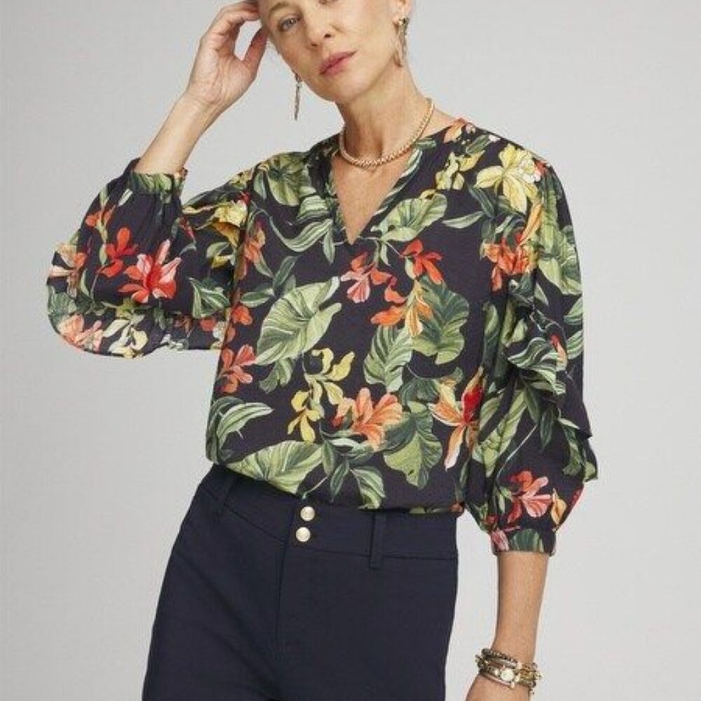 CHICO'S  Womens Sz 14 Red Green Floral Orchid Print Ruffle Sleeve Blouse Viscose